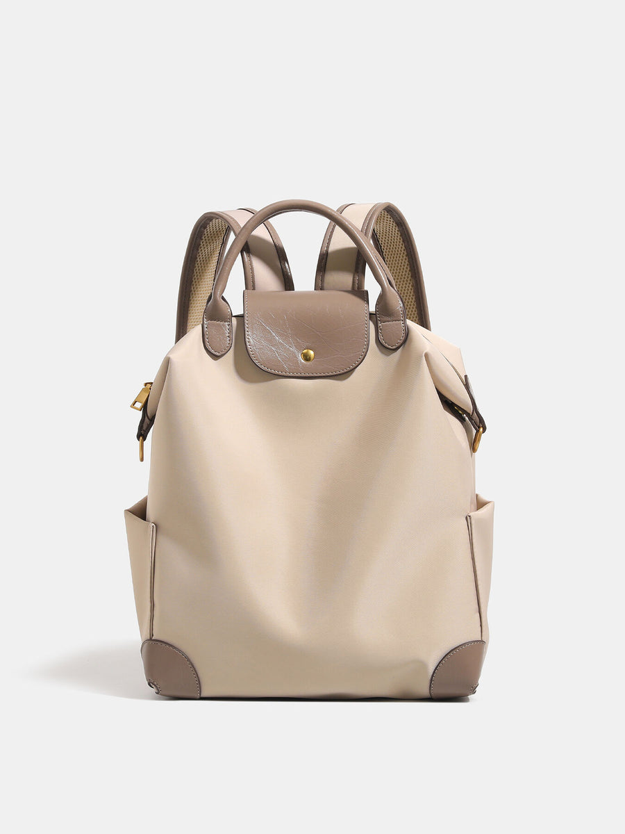 Elegant Minimalist Nylon Backpack With Leather Trim in taupe with leather trim