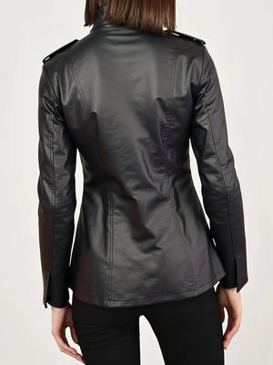 black moto jacket with hip-length and zip-front