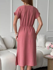 Casual Drawstring Waist Midi Dress in Apricot
