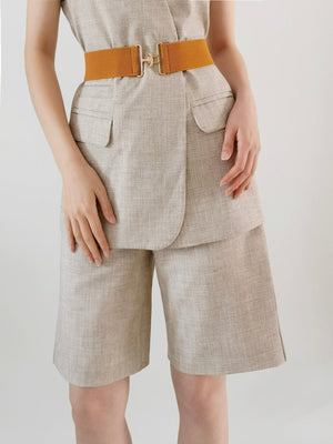 Caramel elastic waist belt with gold sculpted buckle detail