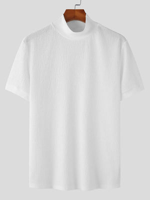 White textured knit mock neck tee with short sleeves.
