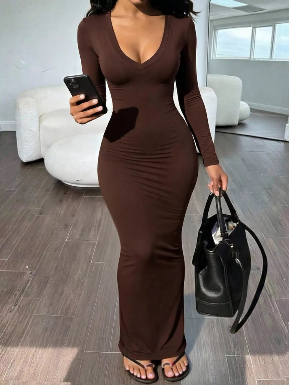 maxi dress in dark brown featuring ruched and bodycon fit