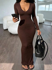 maxi dress in dark brown featuring ruched and bodycon fit