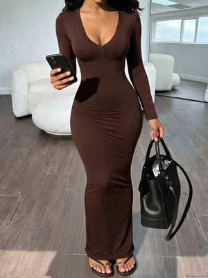 maxi dress in dark brown featuring ruched and bodycon fit