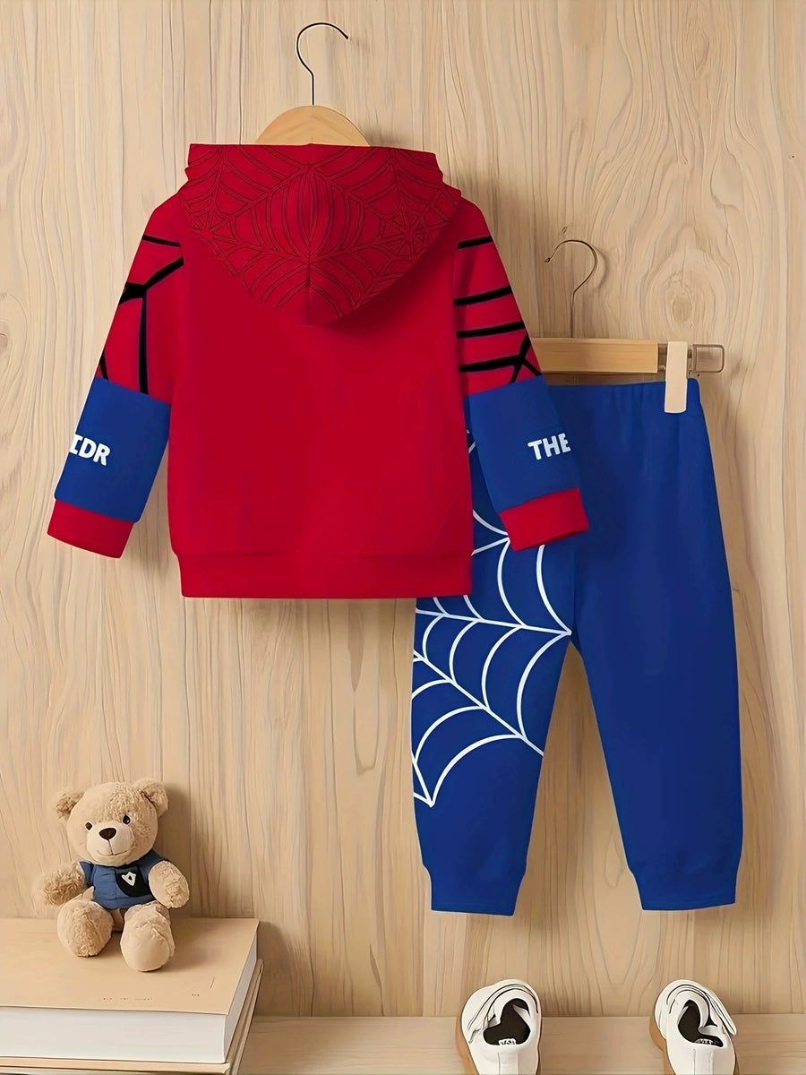 Red spider web hoodie and blue pants set for baby boys and girls.