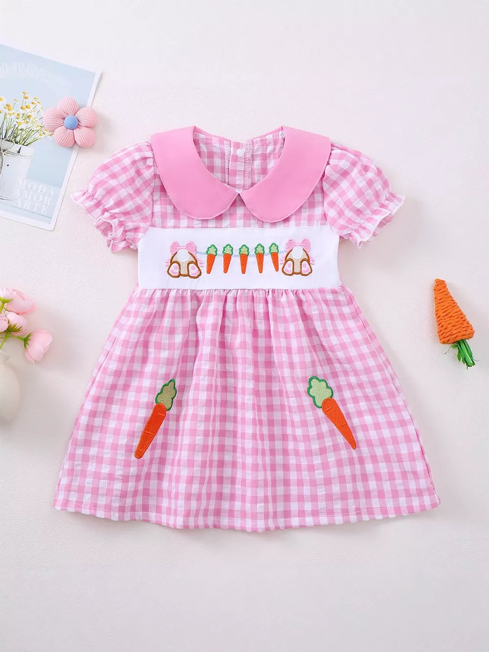 Pink gingham baby dress with bunny and carrot embroidery, Peter Pan collar.