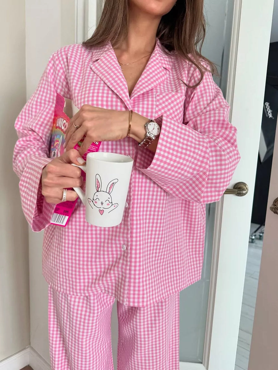 bubblegum pink pajama set with full-length and button-front