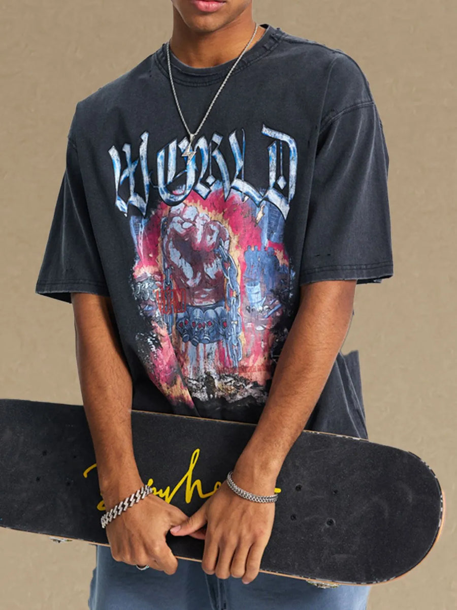 Black vintage graphic tee with distressed oversized fit and bold chest print.
