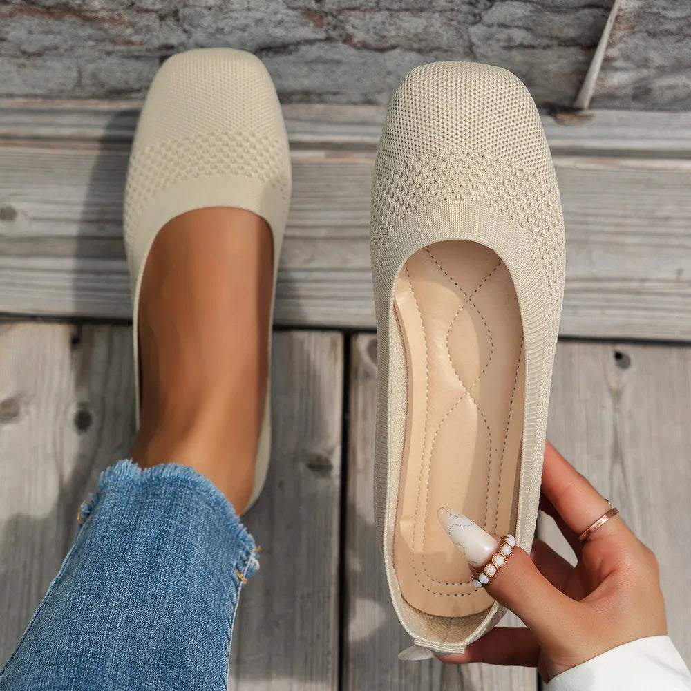 Beige breathable knit square-toe flats with a textured pattern.