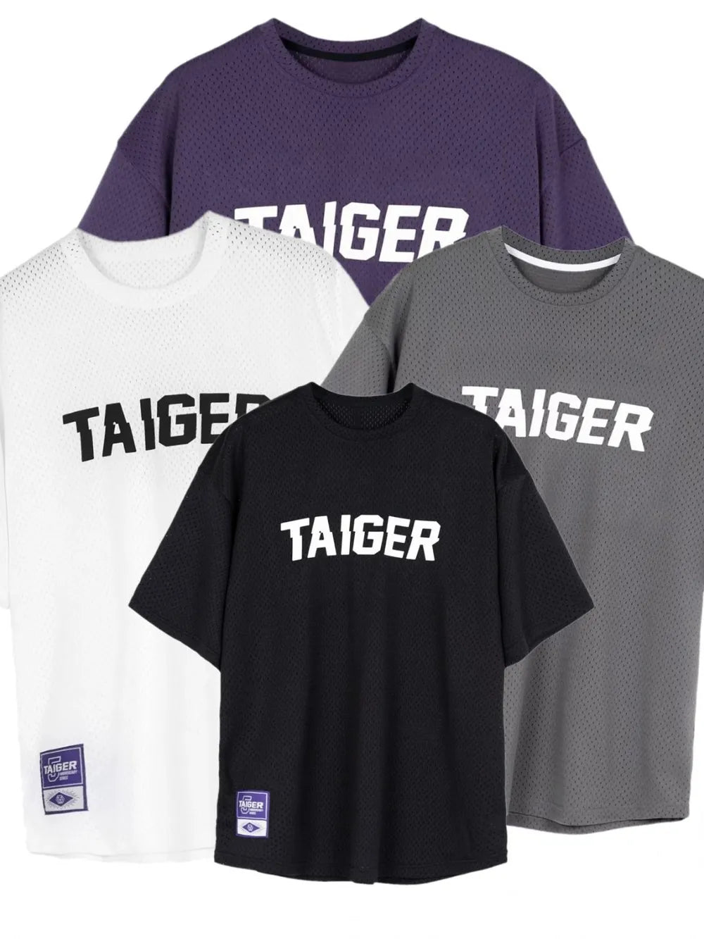 Mesh oversized graphic tees in white, gray, black, and purple with bold "TAIGER" text.