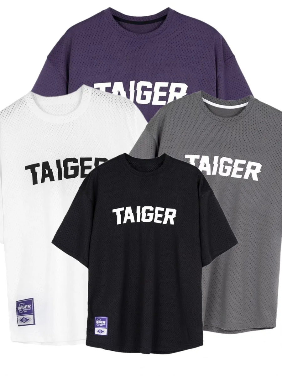 Mesh oversized graphic tees in white, gray, black, and purple with bold "TAIGER" text.