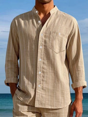 Men's tan linen-blend striped button-up shirt with band collar and chest pocket.
