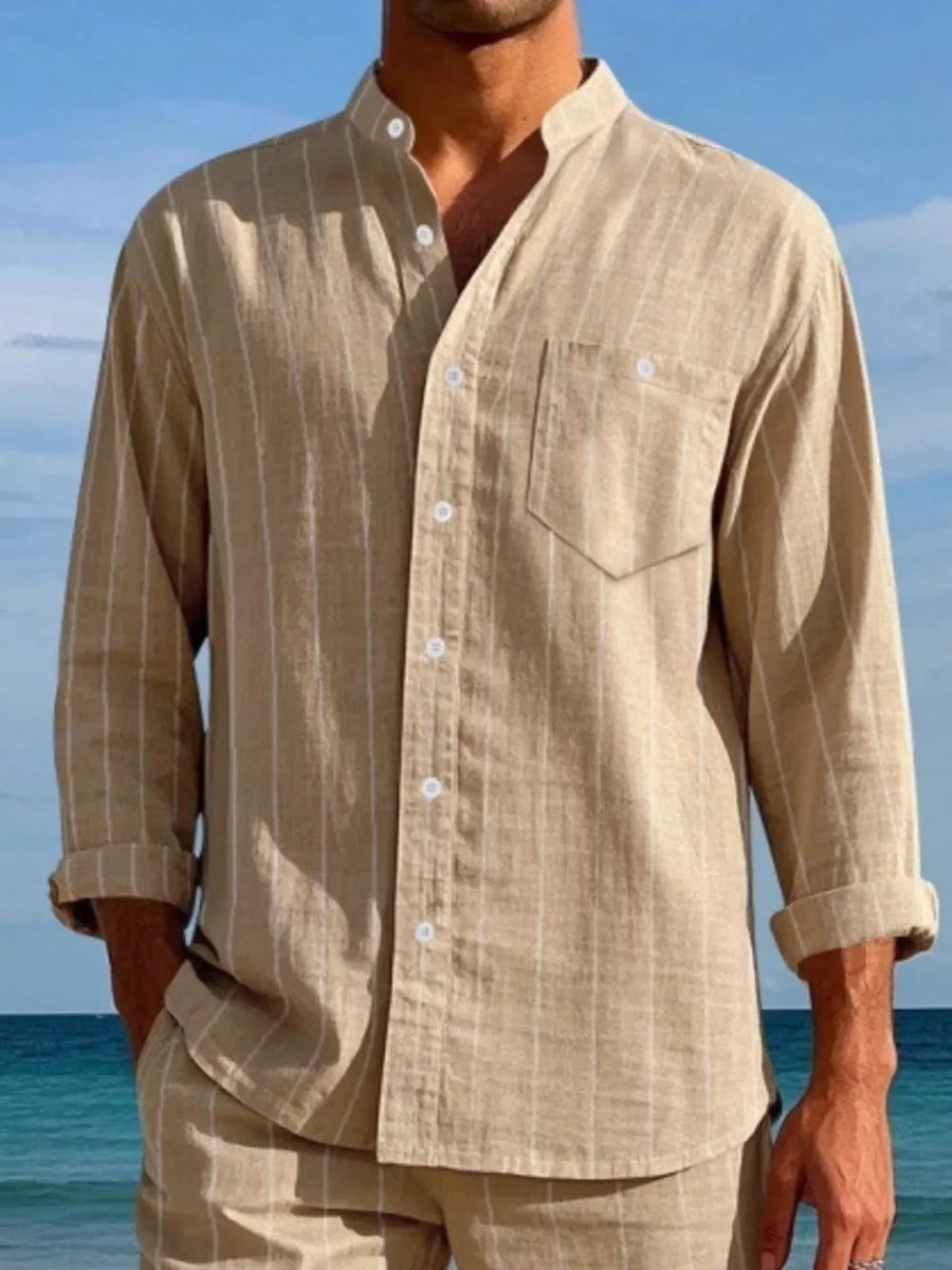 Men's tan linen-blend striped button-up shirt with band collar and chest pocket.