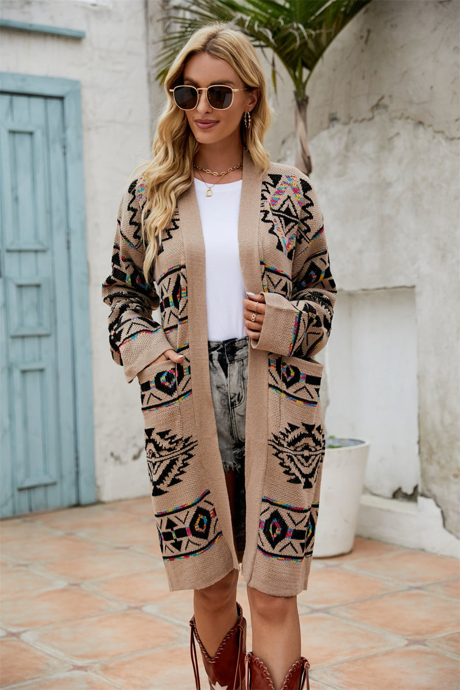 Khaki Southwestern geometric knit cardigan with pockets and open front.