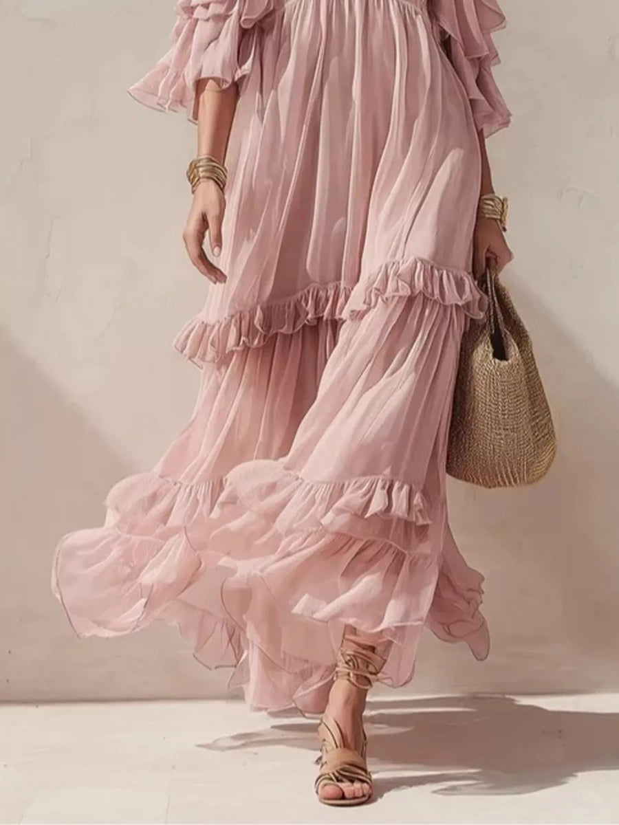 100% polyester Care instructions: Machine wash cold maxi dress in blush pink with A-line silhouette