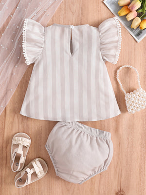 Striped baby top with ruffled sleeves and bloomer shorts, white pom-pom trim, cotton