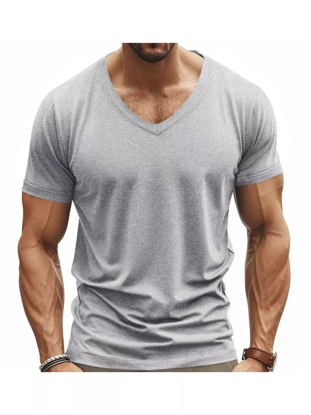 Men's light gray cotton v-neck t-shirt, slim fit, short sleeve