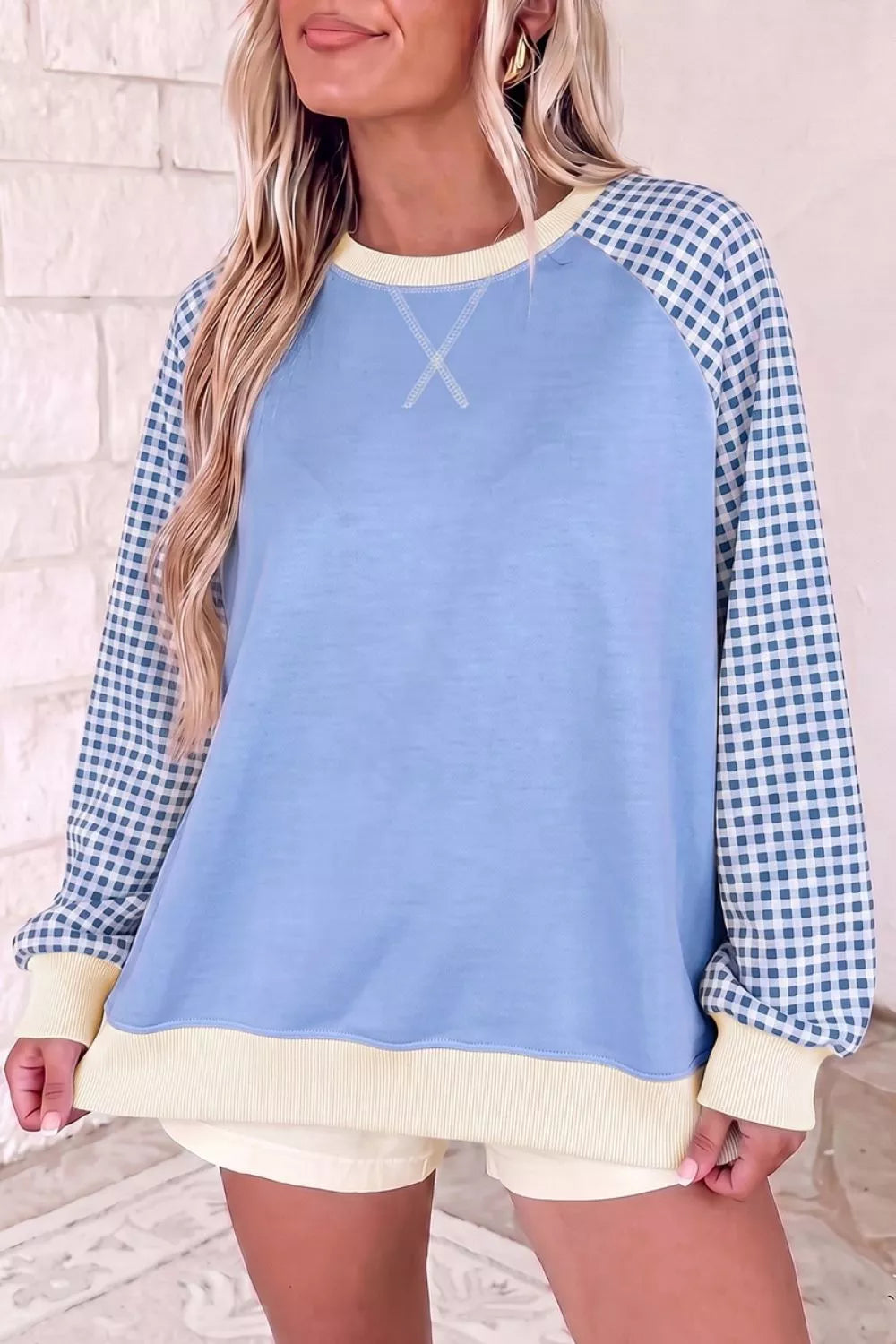 Light Blue Plaid Raglan Sleeve Sweatshirt