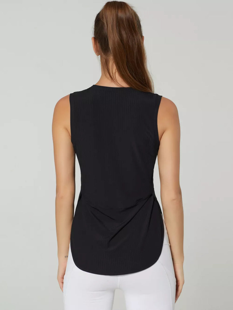 Black ribbed sleeveless tank top with a curved hem