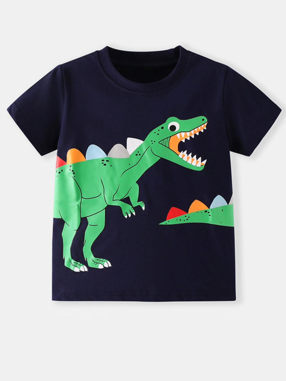 Children's navy short sleeve t-shirt with a green dinosaur graphic and colorful spikes.