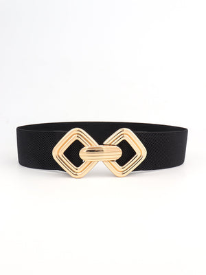 Black elastic belt with gold geometric buckle detail