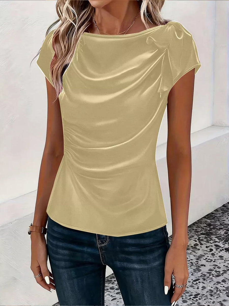 Navy Ruched Short Sleeve Satin Top