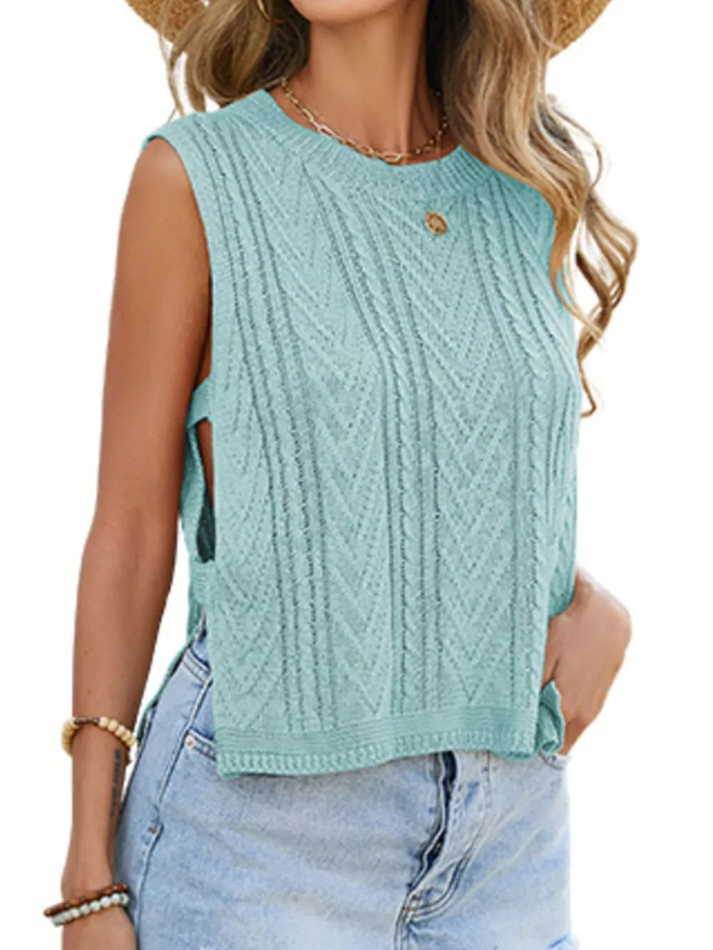 Lake Green sweater vest featuring openwork and chevron