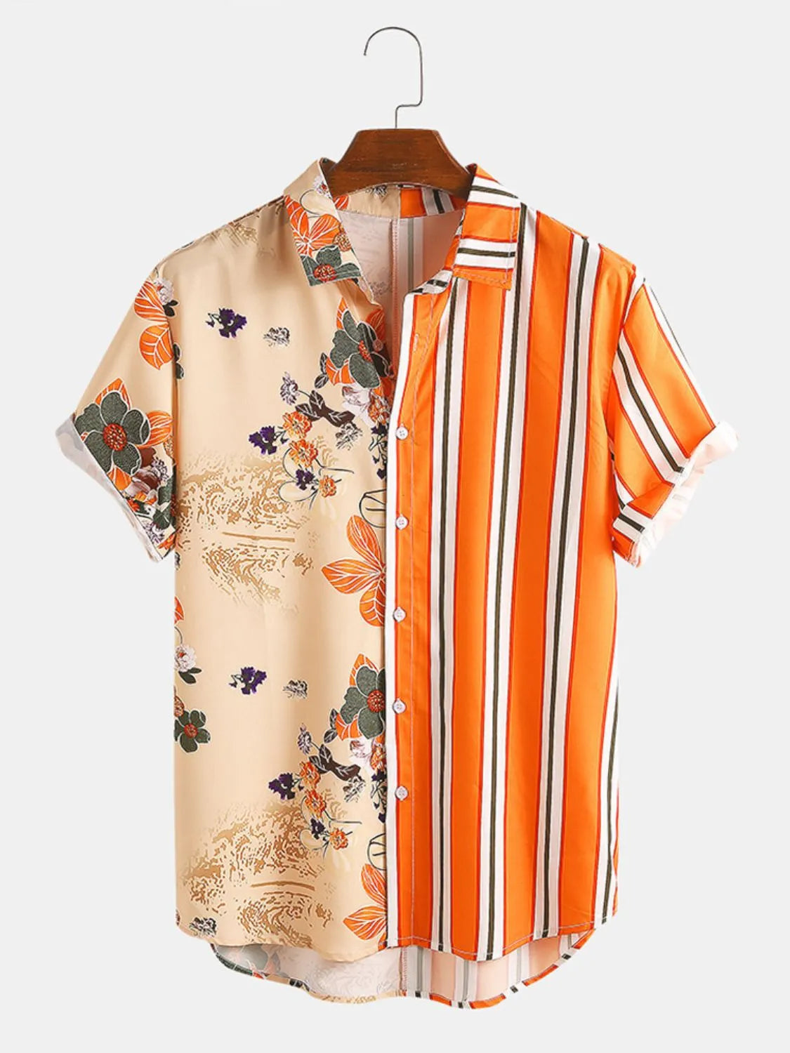 Split-panel resort shirt with floral and stripe patterns in tangerine.