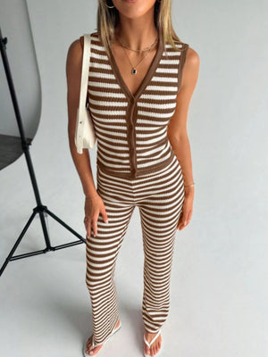 Buttoned knit two-piece set in brown and white stripes with a v-neck sleeveless top and flared pants.