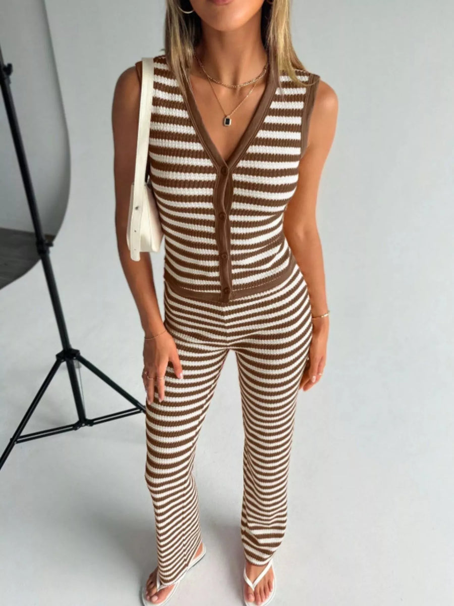 Buttoned knit two-piece set in brown and white stripes with a v-neck sleeveless top and flared pants.