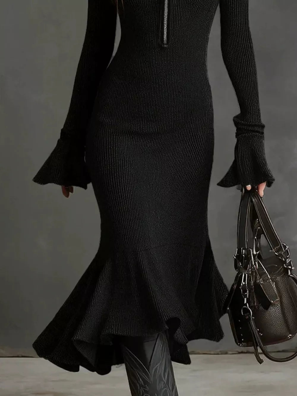 Army Green sweater dress with quarter-zip and ribbed