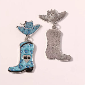 Sky blue cowgirl hat and boot earrings with heart pattern and I DO detail