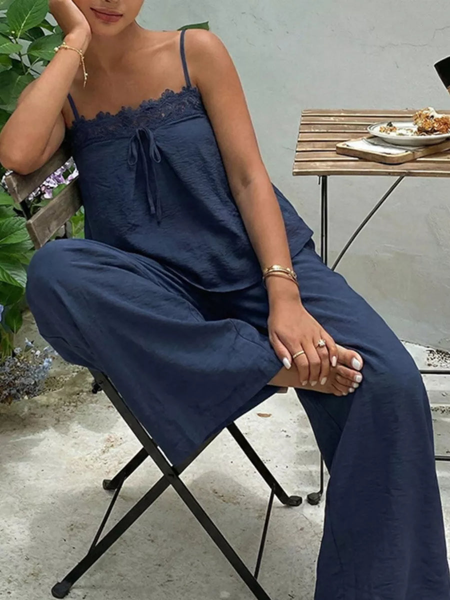 Navy blue lace trim cami and wide leg pajama set