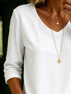 Light Beige Color Full Size V-neck 3/4 Sleeve T-shirt Plus Size