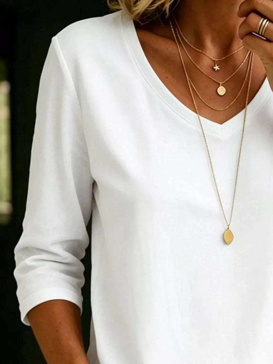 Light Beige Color Full Size V-neck 3/4 Sleeve T-shirt Plus Size