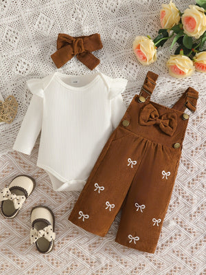 Children's Ribbed Bodysuit And Bow-Embroidered Overall Set in Red with ribbed