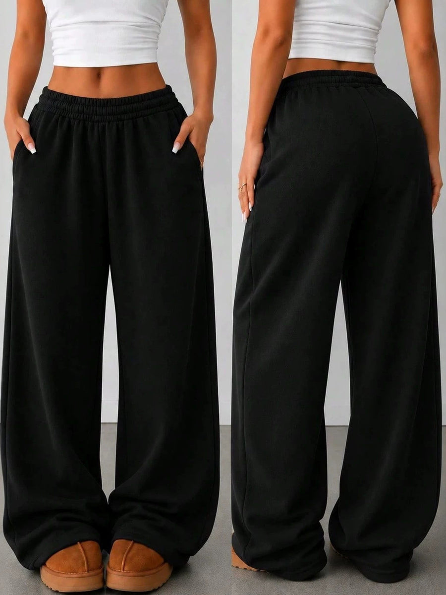 Relaxed-Fit Elastic Waist Wide-Leg Sweatpants in dark brown with pocketed