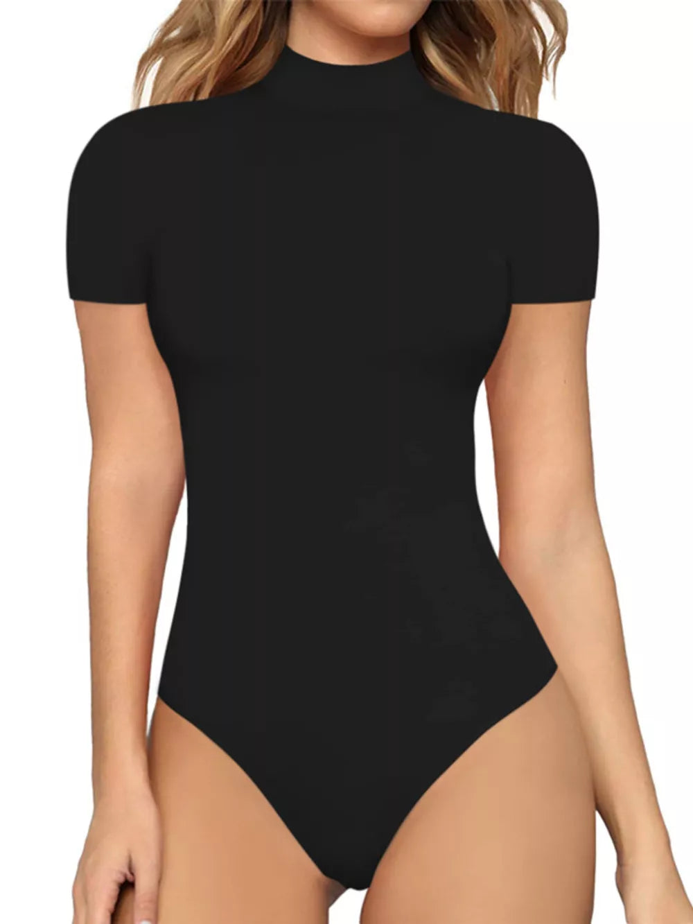 Black short sleeve mock neck form-fitting bodysuit
