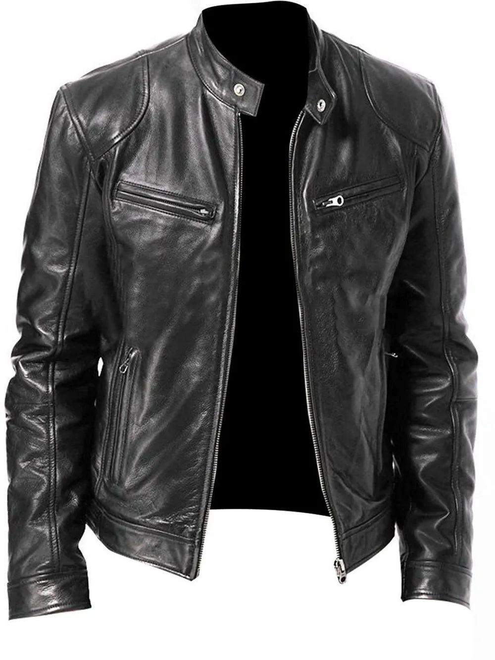 Men's black faux leather biker jacket with zip pockets and stand collar
