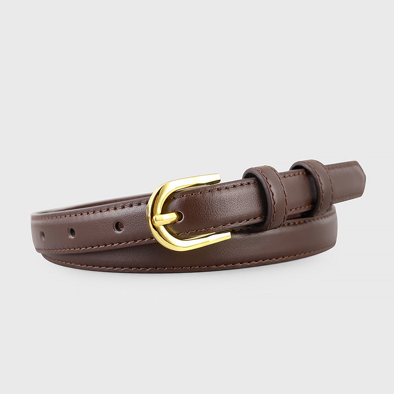 Brown leather belt with a slim design and golden buckle.