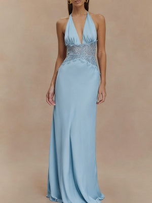 Sky blue lace trim halter neck maxi dress with plunging neckline and empire waist detail.