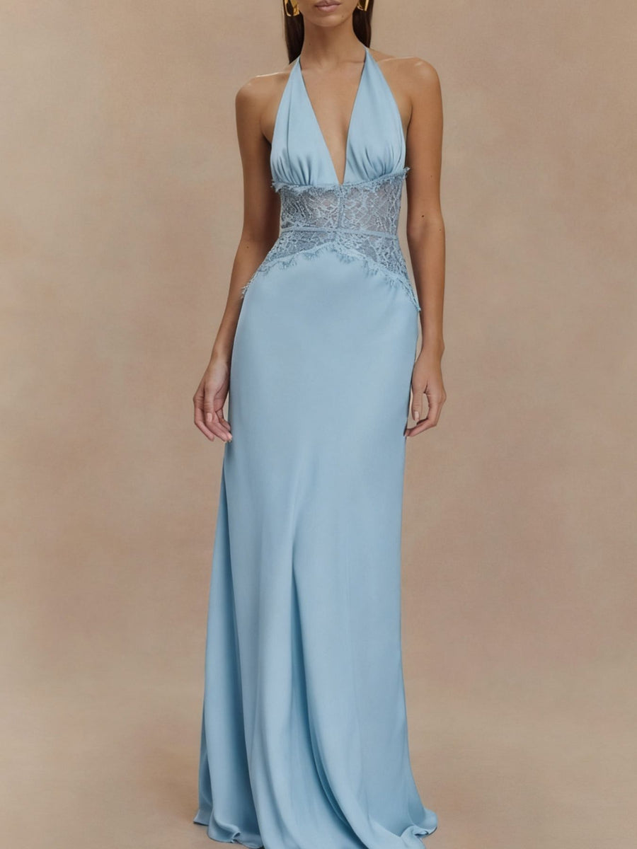 Sky blue lace trim halter neck maxi dress with plunging neckline and empire waist detail.