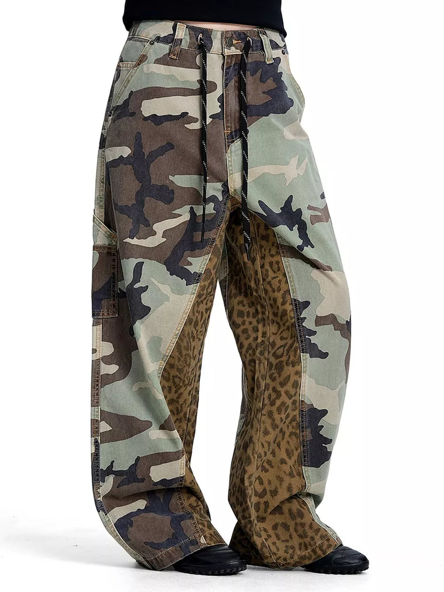 Men's Camouflage Leopard Patchwork Cargo Pants in Army Green