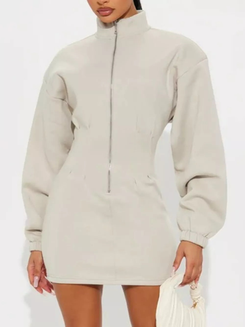 Off-white with Casual Zip-up Long Sleeve Mini Dress in Off-white
