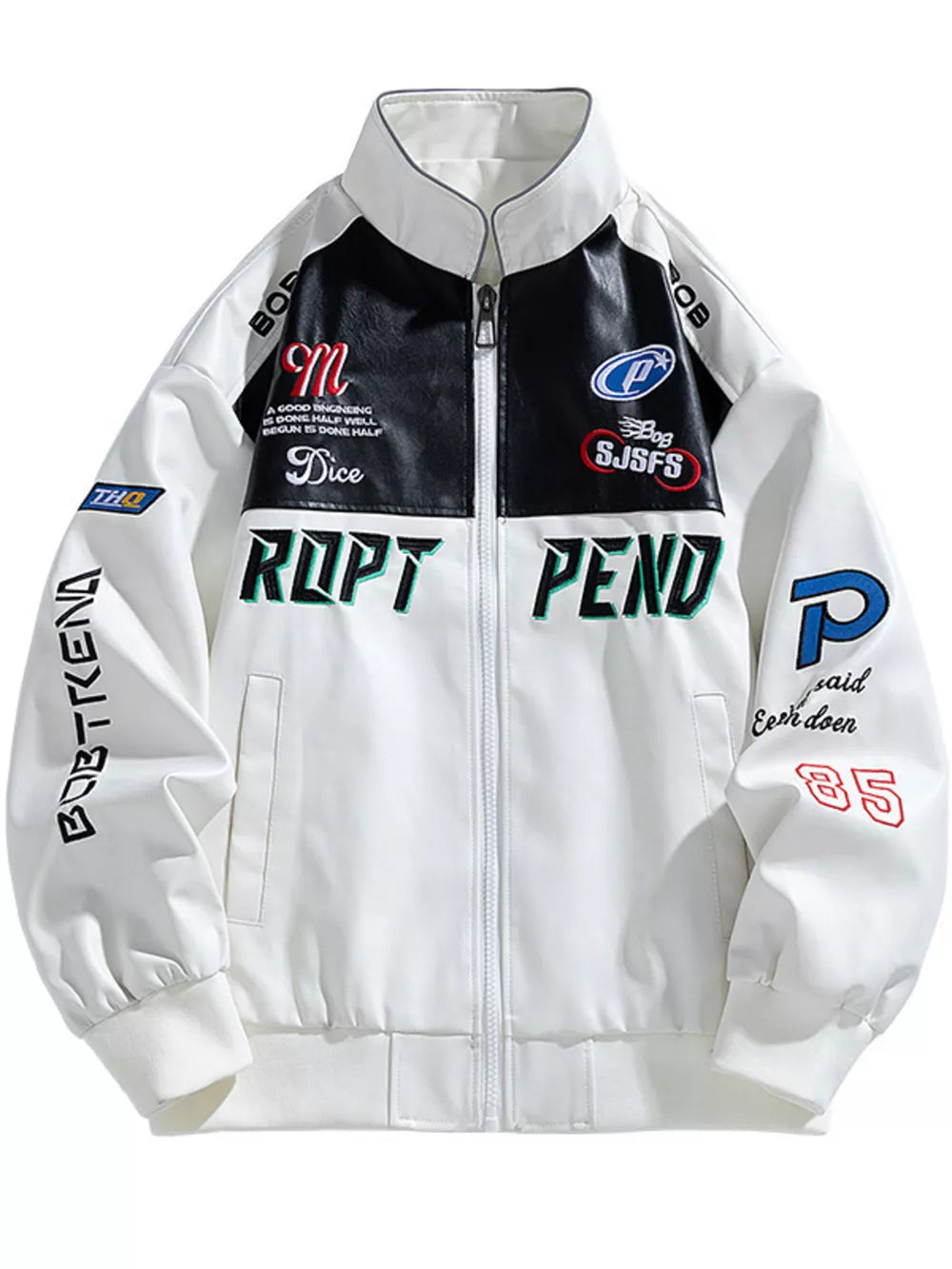 White and black racing jacket with embroidered logos and text.