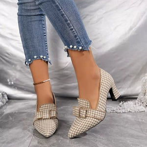 Point Toe Block Heel Pumps in Khaki Color