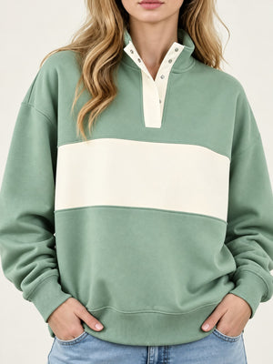 Full Size Color Block Snap-Button Sweatshirt Plus Size in Burgundy