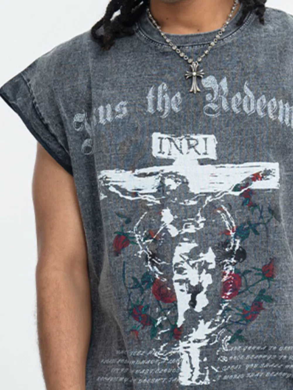 Men's dark gray cotton graphic tank top with Jesus INRI graphic and rose details.