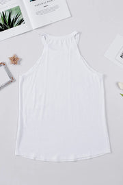 White halter tank top with a comfortable, casual fit.