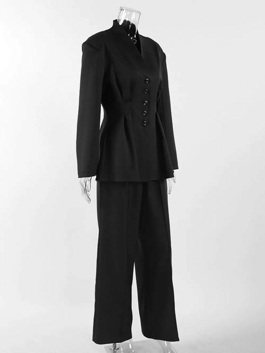 Button Down Pleated Blazer And Wide-leg Pants Set option 8